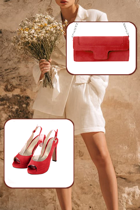 Dress heels peep-toe slingback in scarlet red leather with high slim heels with a platform at the front and round toe - Worn view